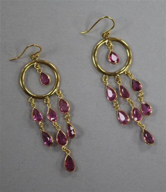 A modern pair of 14ct gold and pink tourmaline set drop earrings, 42mm.